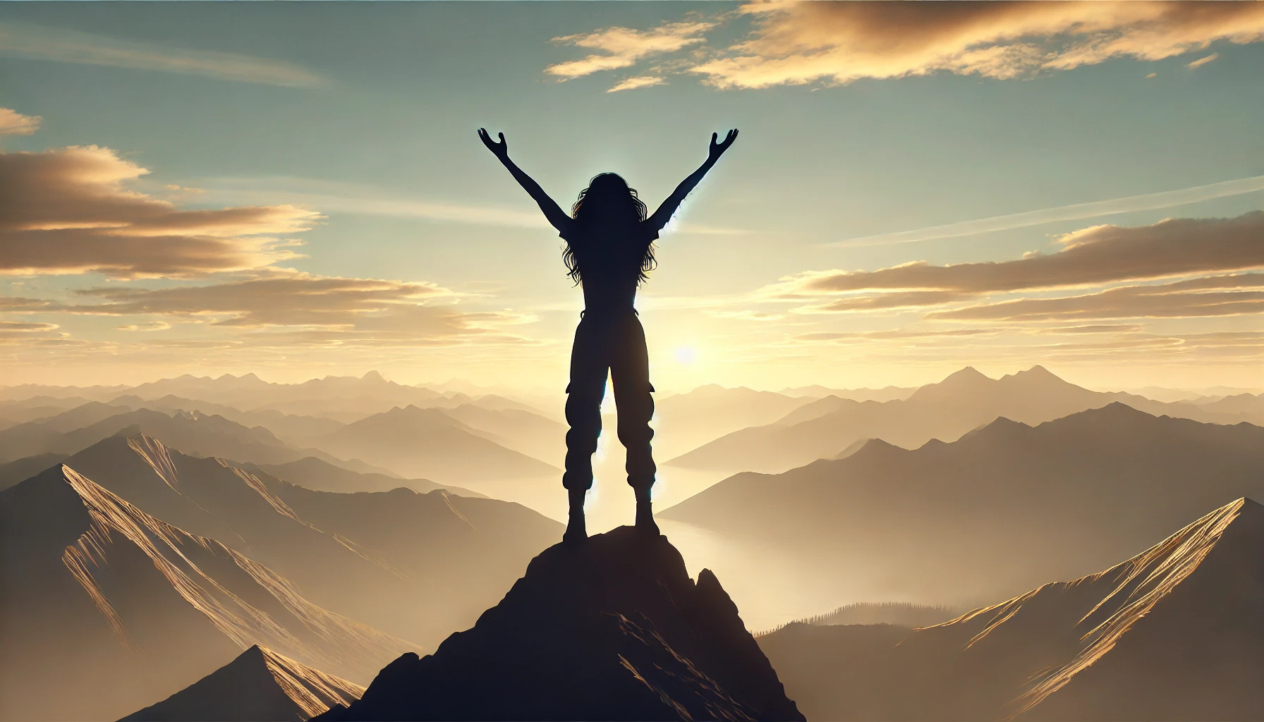 DALL·E 2024-08-14 16.49.42 - A single gender-ambiguous figure with a bigger body and wavy hair standing on a mountain peak, wearing pants, arms raised with open hands, fingers spr